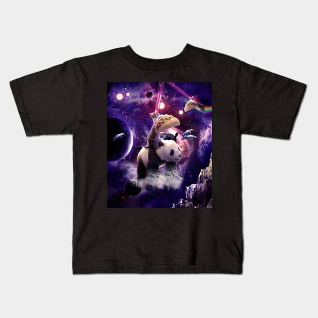 Rainbow Laser Space Cat On Panda Eating Taco Kids T-Shirt by Random Galaxy